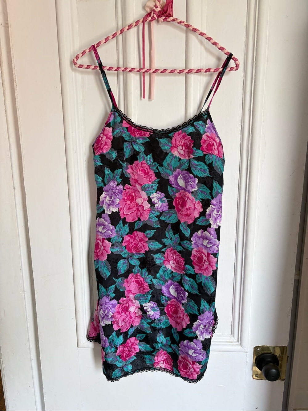 Vintage Floral Slip Dress in Black with Pink & Purple Roses